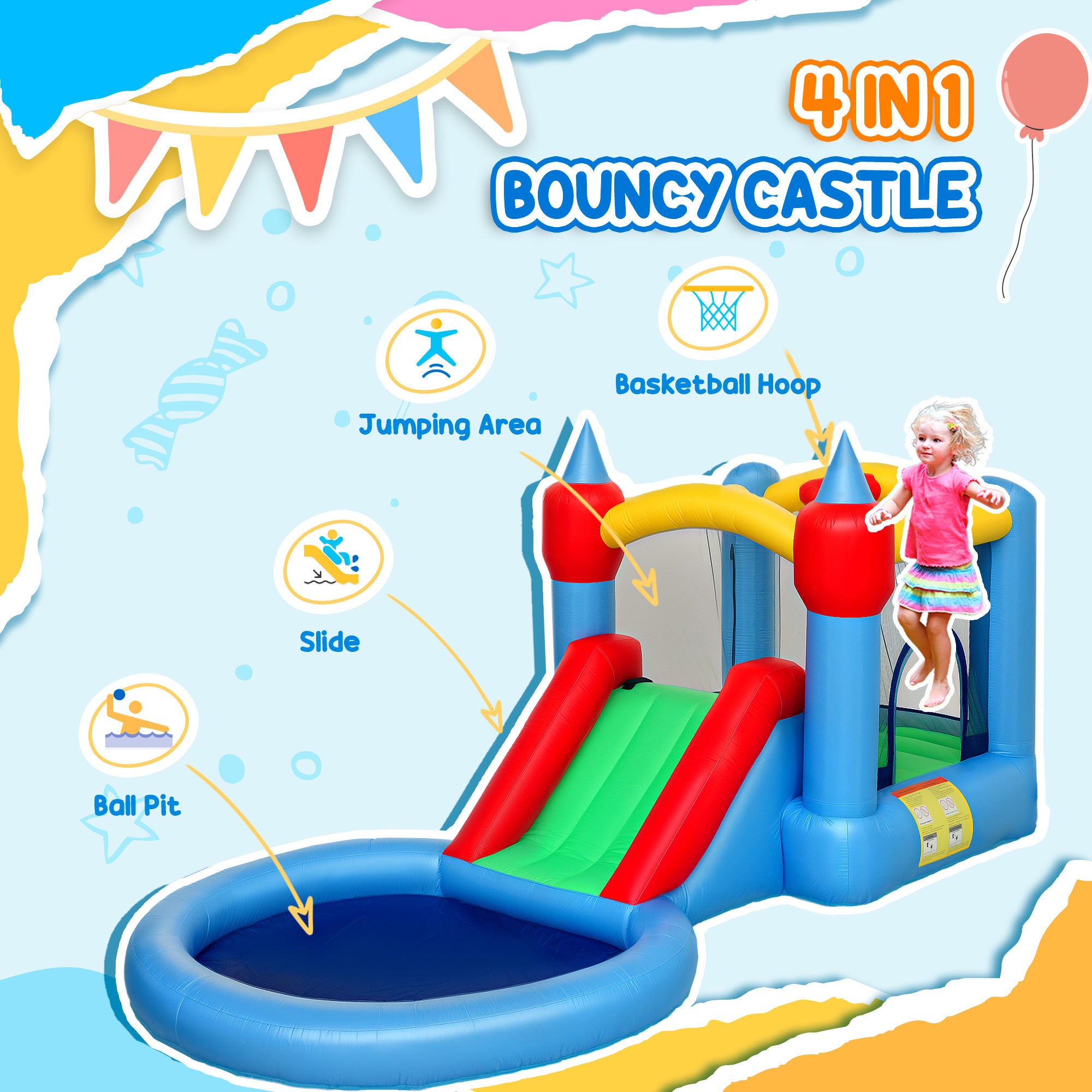 4 In 1 Inflatable Bounce House With Slide, Basketball Hoop, Ball Pit, 370W Blower, Storage Bag, 163 X 81 X 75