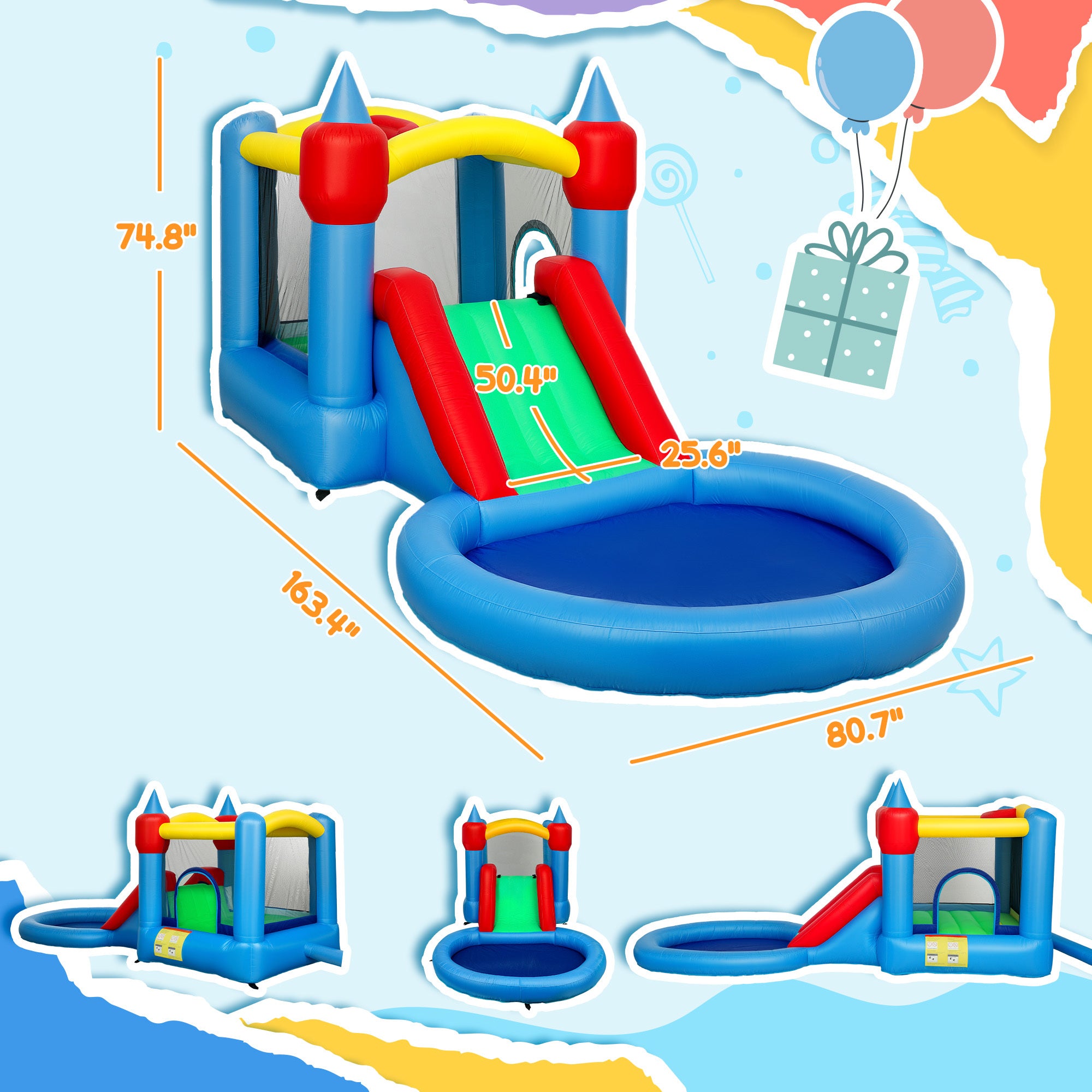4 In 1 Inflatable Bounce House With Slide, Basketball Hoop, Ball Pit, 370W Blower, Storage Bag, 163 X 81 X 75