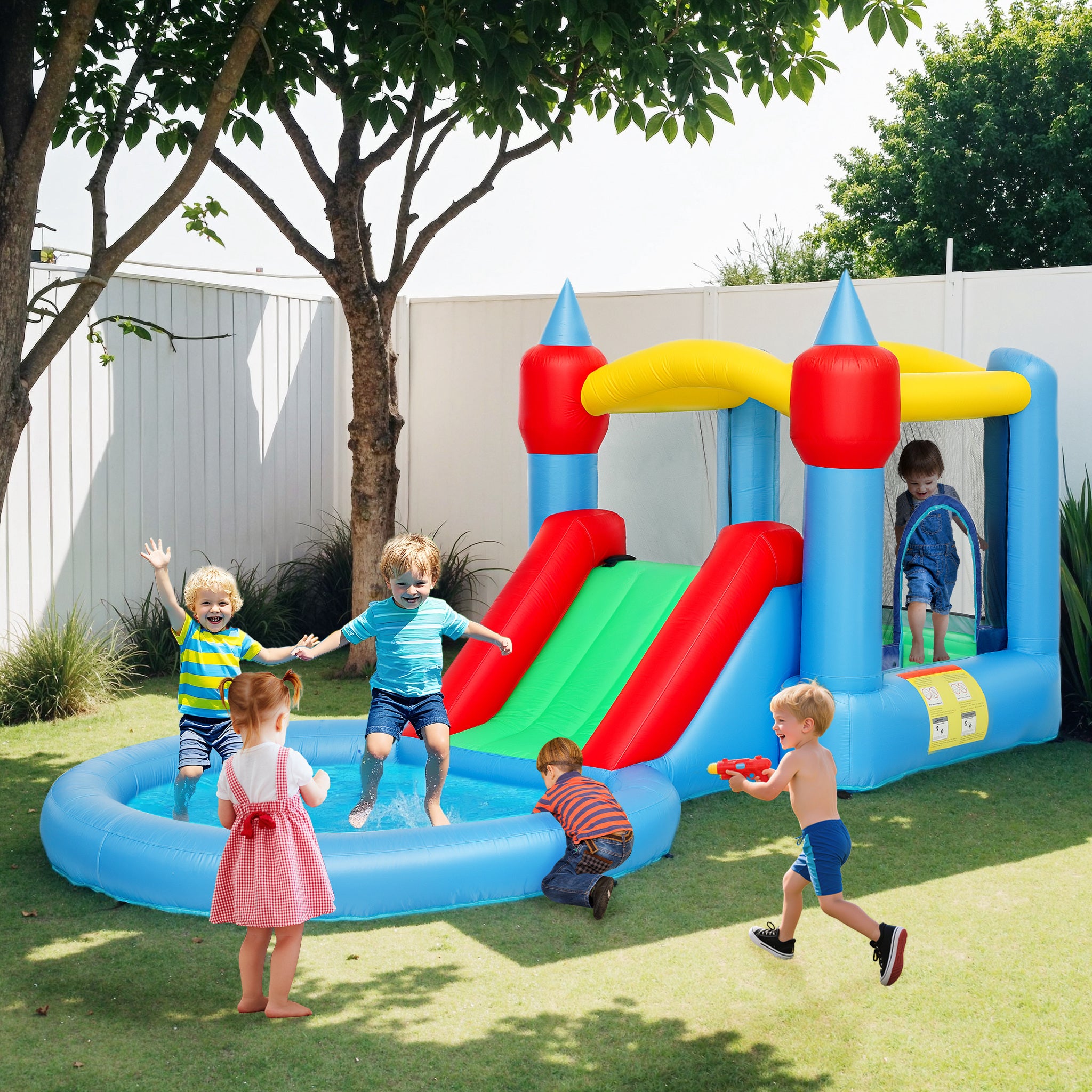 4 In 1 Inflatable Bounce House With Slide, Basketball Hoop, Ball Pit, 370W Blower, Storage Bag, 163 X 81 X 75
