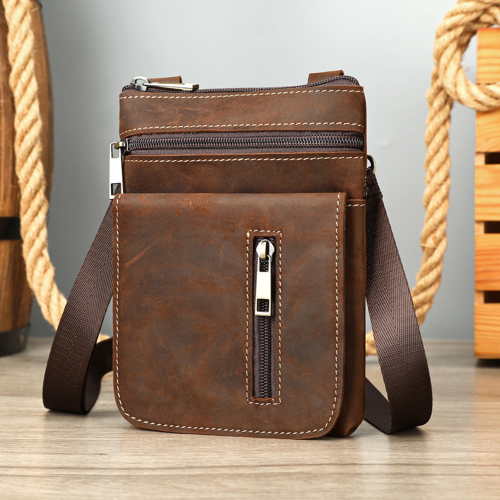 Retro First Layer Cowhide Crazy Horse Leather Crossbody Bag