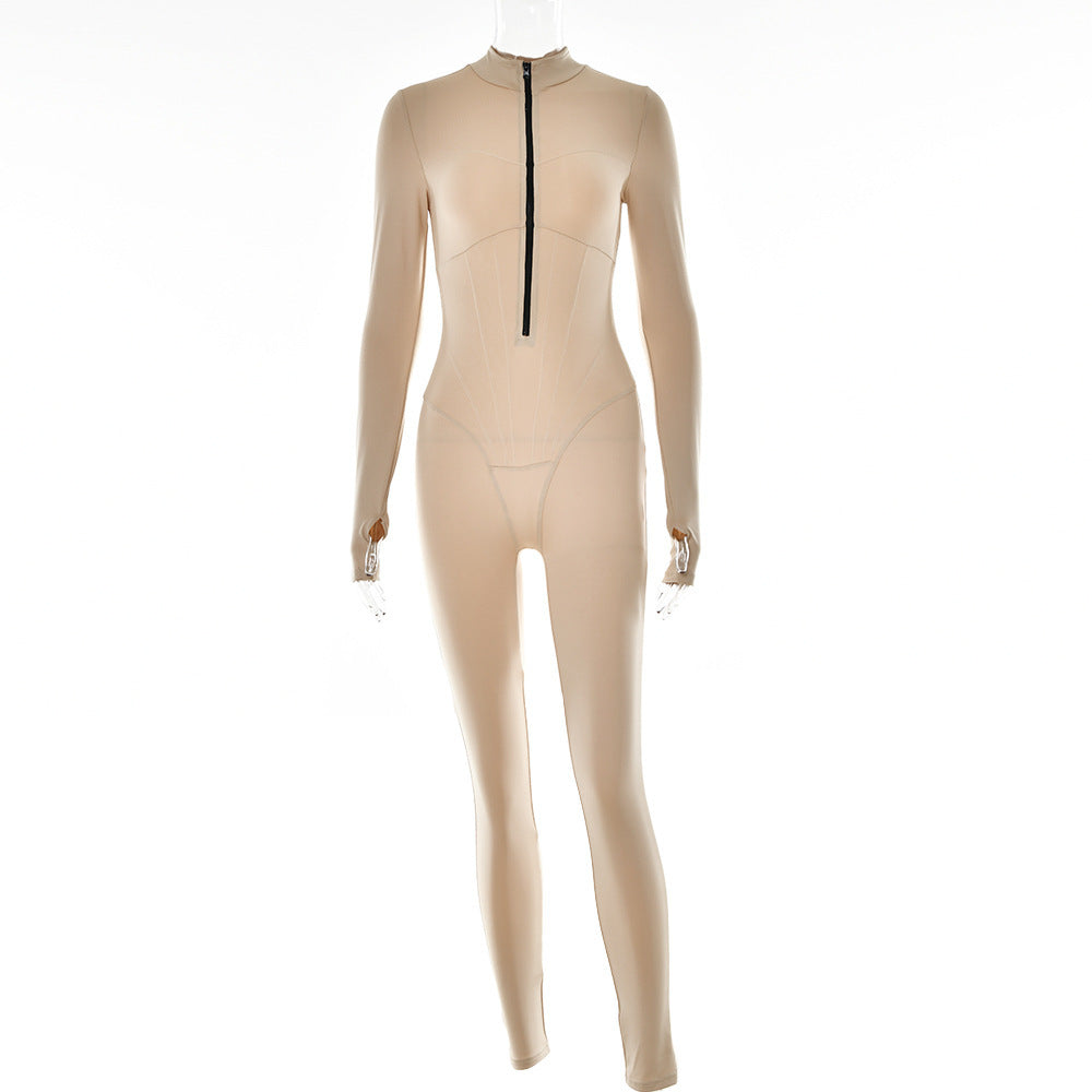 Women's Sexy Polyester Tight Zipper Jumpsuit Long Sleeve